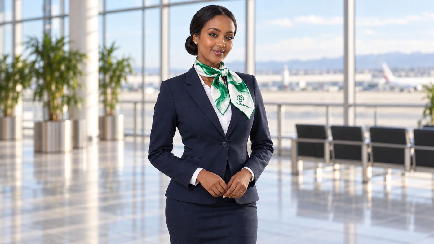 Daallo Airlines cabin crew member in the terminal
